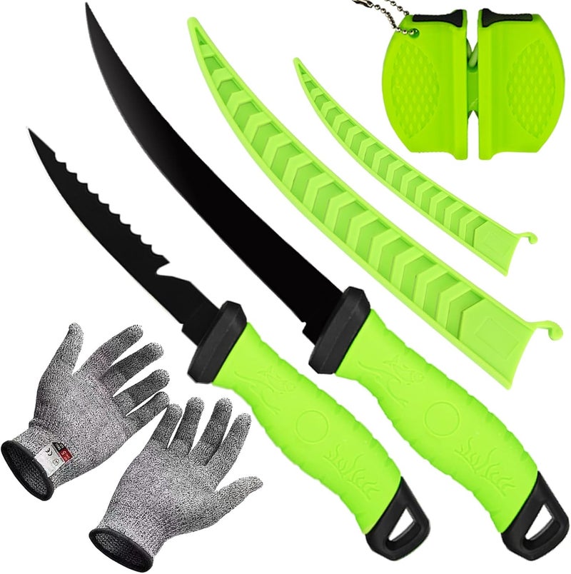 HOWORR 2PCS Fillet Knife Set, 5 & 7 inch Stainless Steel Kitchen Filet Knife for Fish, Fishing Gear, Fishing Tool Set, Fishing Accessories Gift, with Sharpener and Cutting Resistant Gloves, Green - Image 1